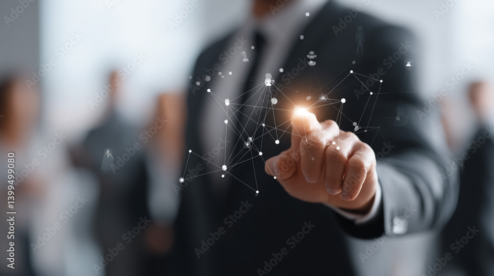 Poster a man in a suit touching a digital network with a bright light at the point of contact and blurred p