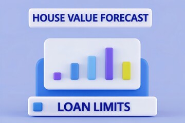 A colorful graphic illustrating a house value forecast and loan limits with bar graphs, designed for financial analysis.