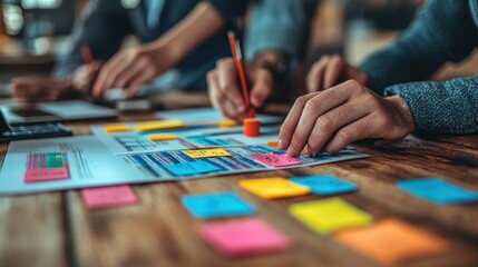 Fototapeta premium Office team brainstorming with sticky notes on documents