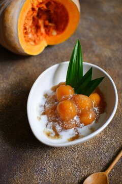 pumpkin glutinous rice balls porridge or bubur candil labu in a bowl