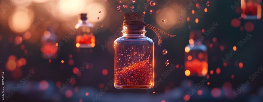 Poster floating glass bottles with colorful bubbles and lights in the background.