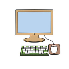 A computer monitor and keyboard are shown on a white background