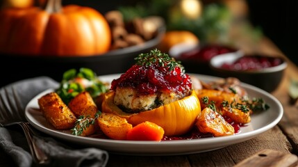 A festive holiday vegetarian feast with stuffed squash, roasted vegetables, and cranberry sauce, elegantly plated,