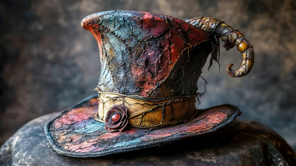 a highly detailed, realistic Mad Hatter hat with a mysterious, slightly eerie vibe