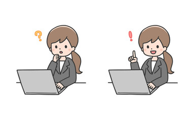 パソコンに向かい考えて解決するスーツ姿の女性のセット