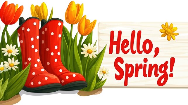 Bright red polka dot rain boots stand near wooden sign hello, spring, surrounded by flowers 