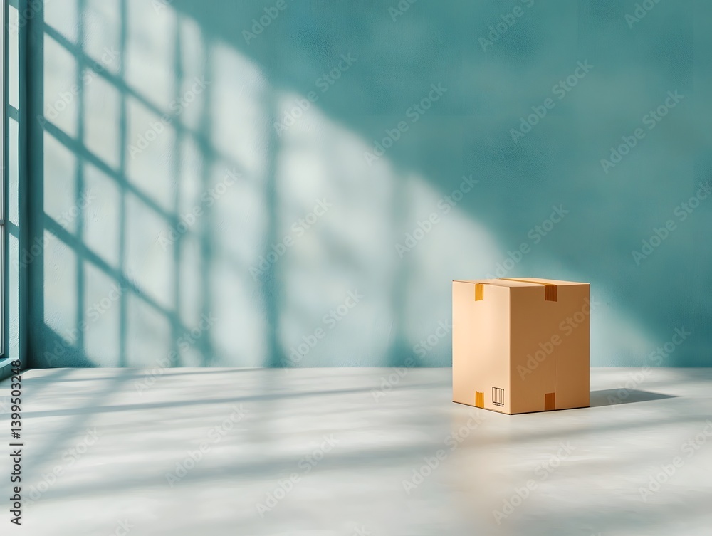 Poster lone cardboard box in an empty warehouse environment with textures shadows and clean studio lighting