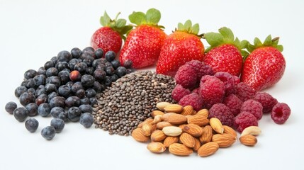 Selection of healthy food: Superfoods, various fruits, and assorted berries, nuts, and seeds
