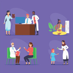 Groups of doctors interacting in various environments, including consultations with patients, doctor reviewing notes, and healer providing remedies