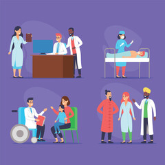 Collection of healthcare professionals engaged in diverse activities, including consultations, patient care, and discussions. Teamwork in medical environments concept