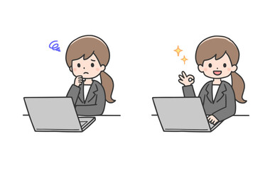 パソコンに向かい考えて解決するスーツ姿の女性のセット