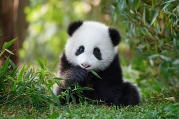 Fototapeta premium Baby panda eating bamboo in a lush green forest