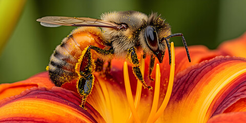 Fototapeta premium Bee covered in pollen resting on bright orange flower with yellow pistils