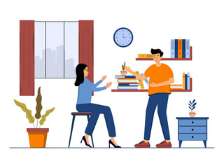 Job interview. Vector flat modern illustration of a man talking to a young woman with laptop. Isolated on background