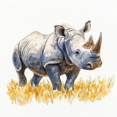 Fototapeta premium Hand drawn watercolor rhinoceros standing in golden grass Isolated white background