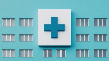 Obraz premium modern hospital building with blue cross icon on its facade, symbolizing healthcare