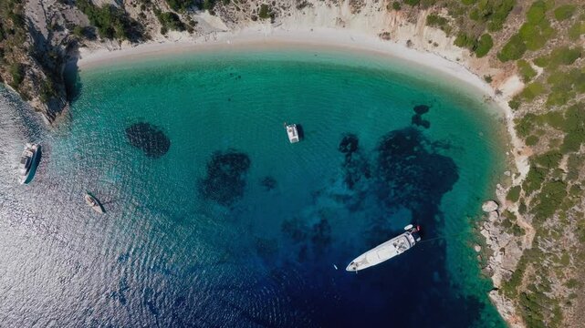 Panoramic view of turquoise paradise sandy beach and bay of Filatro Filiatro Beach, Ithaca Island, Greece