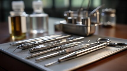 Fototapeta premium Professional dental tools arranged on metal tray in clinic