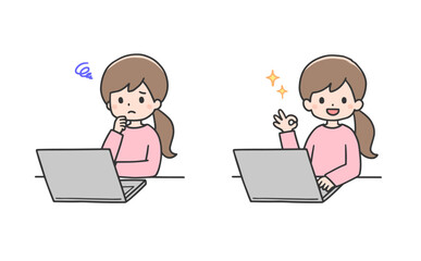 パソコンに向かい考えて解決する女性のセット