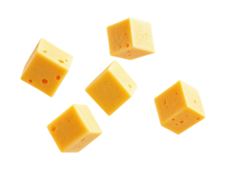 Five flying cheese cubes isolated on transparent background
