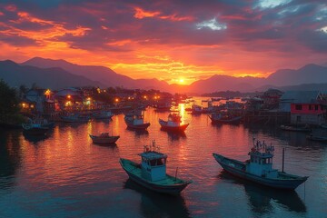 Fototapeta premium Vibrant Sunset over Fishing Village
