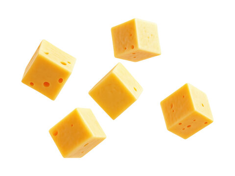 Five flying cheese cubes isolated on transparent background