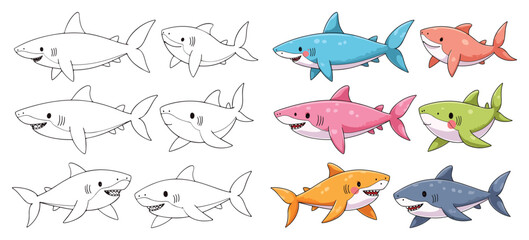 Shark Line Art Vector Outline Illustration Black and White with Coloring Sample
