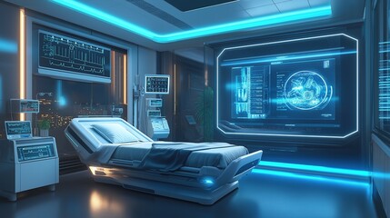 The room showcases advanced technology with high - resolution, detailed textures of futuristic material design, presenting a hyper - realistic and cinematic sci - fi style.