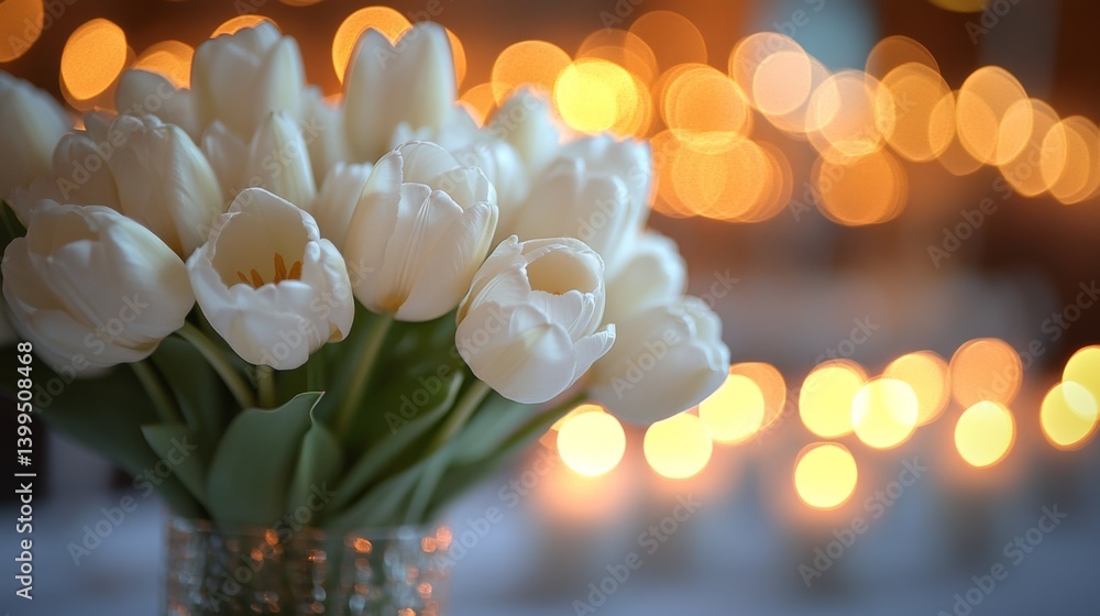 Poster a beautiful bouquet of white tulips arranged in a clear glass vase stands prominently on a table. so