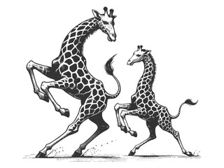 Fototapeta premium two giraffes in an animated, playful stance, appearing to rear up in mid-motion sketch engraving generative ai vector illustration. Scratch board imitation. Black and white image.