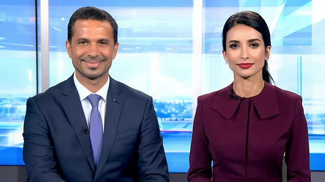 The camera smoothly zooms to showcase two anchors, a male and a young female in a modern studio with digital news tickers