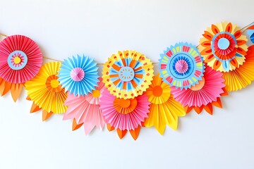 Vibrant Colorful Paper Rosettes Garland Decor on White Background Decoration Crafty