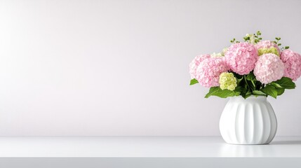 Naklejka premium A delicate arrangement of pastel pink and light green hydrangea flowers in a simple white vase on a white surface against a soft pale background