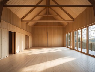 Obraz premium Spacious sunlit wooden hallway with large floor-to-ceiling windows, warm natural textures, and contemporary open-plan interior design inspiration