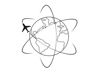 An airplane circles the planet on a transparent PNG background. Around the world trip. Flight on a passenger airplane. Painted globe with black airplane.