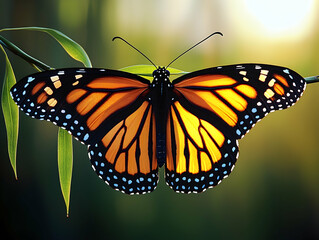 Fototapeta premium Butterfly resting on a stem wings spread showing orange and black pattern set against a blurred green backdrop