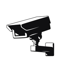 CCTV camera PNG. Video camera hanging on the wall Black and white illustration. Video surveillance camera is installed to protect the property. Covert surveillance.