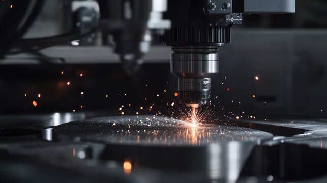 A close up of a robotic grinding machine smoothing metal surfaces with extreme precision tiny sparks flying as it polishes
