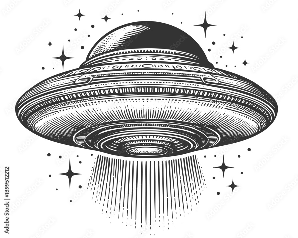Poster ufo flying saucer emitting a powerful beam of light, blending retro sci-fi with a mysterious extrate