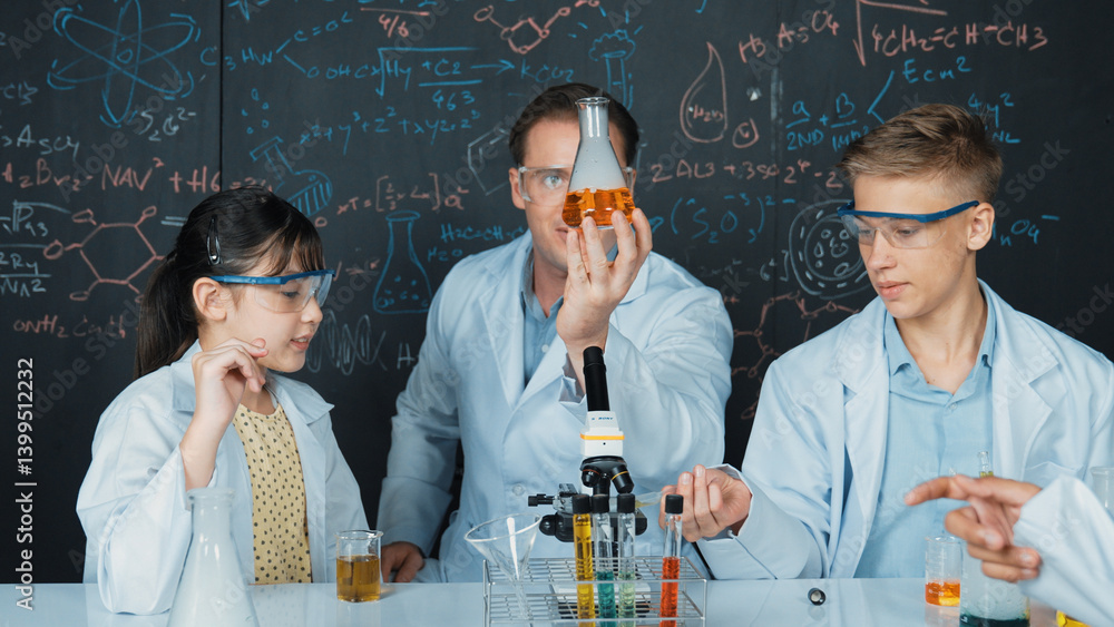 Poster smart teacher holding solution in beaker while student doing experiment at blackboard with chemical 