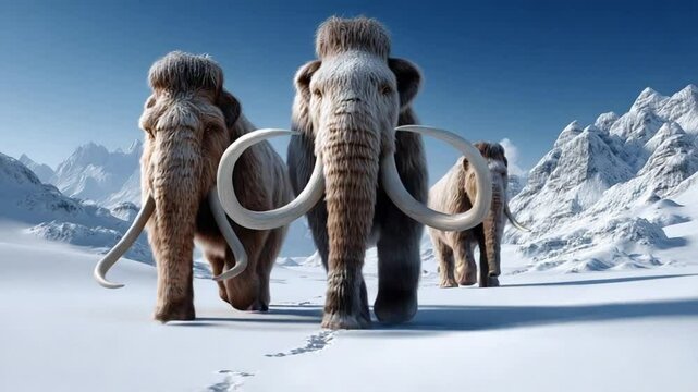 Majestic Mammoth March: A trio of woolly mammoths traverse a snowy expanse, their imposing presence dominating the landscape. They embody resilience and ancient power amidst the cold, frozen terrain.