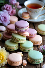 Colorful macarons on a rustic wooden table