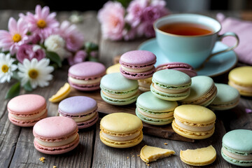 Colorful macarons on a rustic wooden table