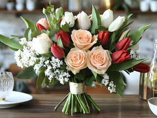 Elegant bouquet of tulips, roses, and eucalyptus