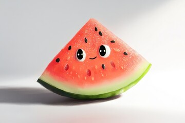 A cute cartoon watermelon slice with a happy face, sparkling texture, and a summery vibe.
