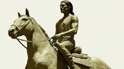 Statue of person riding horse, light beige, outdoors, art piece, for museum display