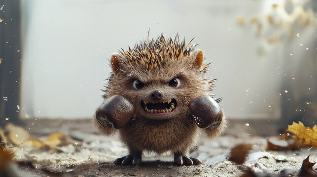 Angry hedgehog boxer ready for fight.  A miniature hedgehog, showcasing an aggressive expression, is poised for a boxing match. 