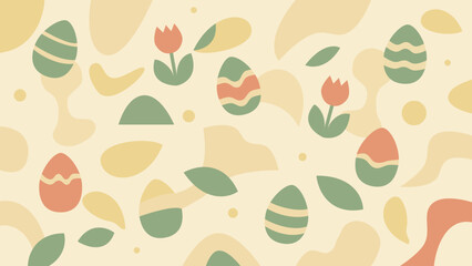 Playful Easter Background with Eggs and Flowers. Soft and cheerful background featuring decorative Easter eggs, spring flowers, and organic abstract shapes in pastel tones.