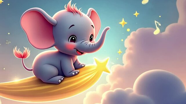 Cute Baby Elephant Flies on a Shooting Star Through a Cloudy Sky