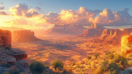 Desert canyon sunset, red rocks, dramatic clouds, scenic overlook